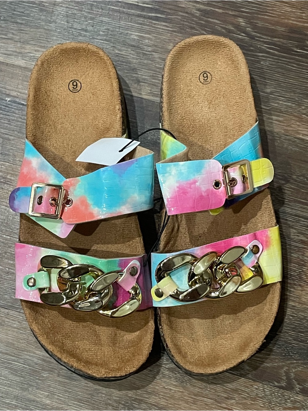 Women’s Tie-Dye Metallic Chain Slide Sandals Multi colored Size 8 & 9 available
